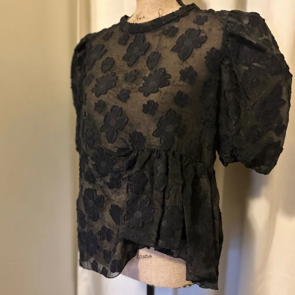 Zara Floral Sheer Organza Puff Sleeve Blouse - Picture 10 of 13